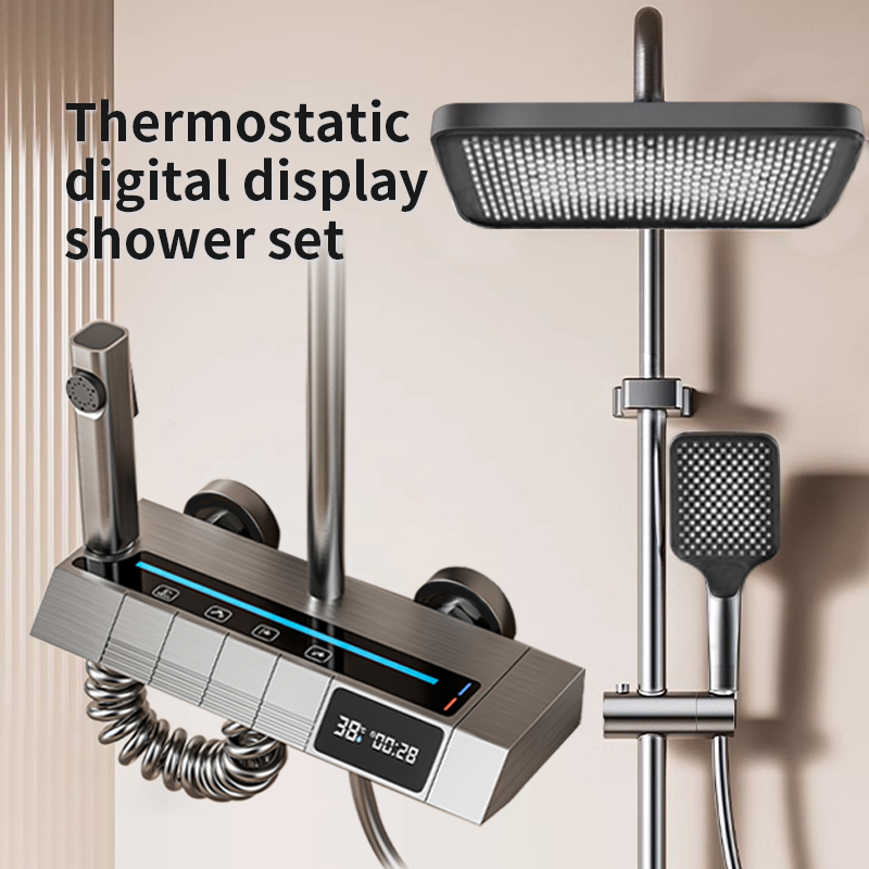 Home Bathroom Shower - ชุดฝักบัวเปียโนดิจิตอลอุณหภูมิคงที่สําหรับห้องน้ําในบ้าน สีเทา หัวสเปรย์แรงดัน