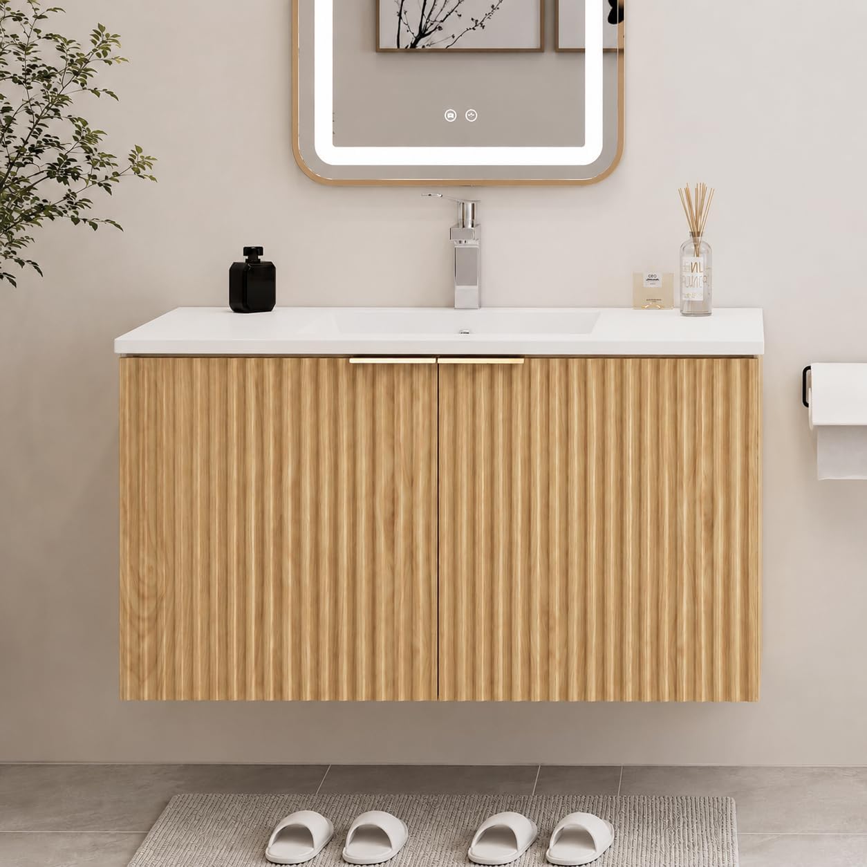Home For Bathroom - ตู้ห้องน้ำแบบลอยตัวทันสมัยพร้อมบานประตูลายคลื่น ตู้เก็บของติดผนัง บานพับปิดแบบนุ่มนวล อ่างเซรามิก พร้อมที่จัดเก็บ สำหรับห้องน้ำในบ้าน