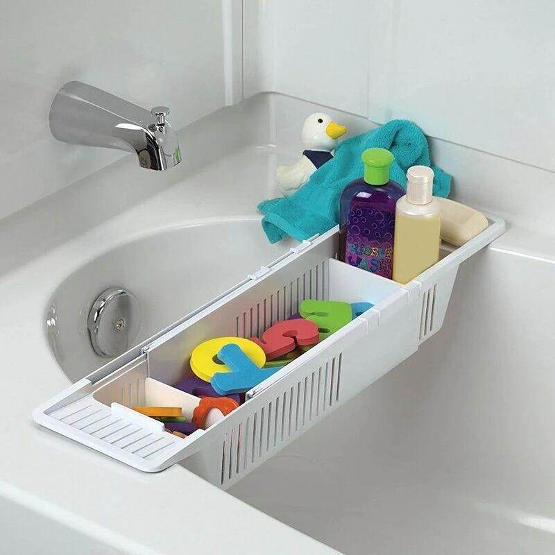 Bath Caddy Tray - ถาดแคดดี้อ่างอาบน้ำตะกร้ามัลติฟังก์ชั่นแบบพับเก็บได้ห้องน้ำ Bracket ท่อระบายน้ำราวแขวนอ่างอาบน้ำของเล่นสำหรับห้องน้ำ