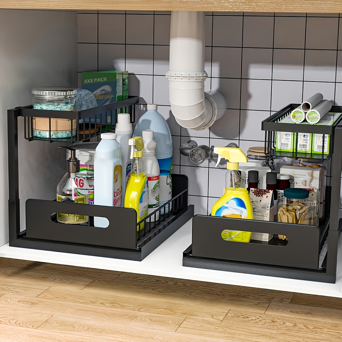 Home Essentials Bathroom Cabinet - ชุดชั้นวางของใต้ซิงค์ในครัว - ชั้นวางแบบลิ้นชักเลื่อนได้สำหรับห้องน้ำ ห้องเก็บของ และตู้ เหมาะสำหรับใช้ในบ้าน