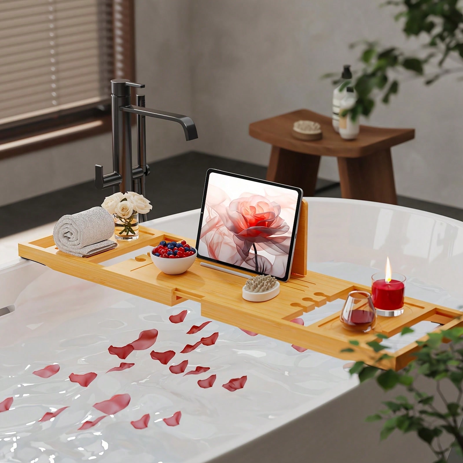 Bath Caddy Tray - ถาดวางของในอ่างอาบน้ำไม้ไผ่, ที่จัดเก็บแบบยืดหดได้สำหรับแท็บเล็ต, เครื่องดื่ม และผ้าเช็ดตัว, เหมาะสำหรับสปาในห้องน้ำ, ถาดวางของในอ่างอาบน้ำไม้ไผ่แบบยืดหดได้,