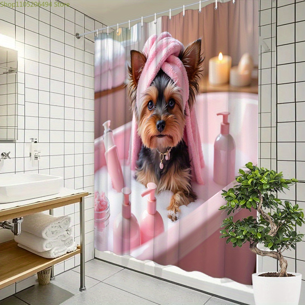 Adorable Home Bathroom Ideas - ม่านอาบน้ำลายสุนัขยอร์คกี้น่ารัก ดีไซน์ฉากอาบน้ำสัตว์เลี้ยงแสนน่ารัก ผ้าม่านกันน้ำสำหรับตกแต่งบ้าน ไอเดียห้องน้ำแสนอบอุ่น