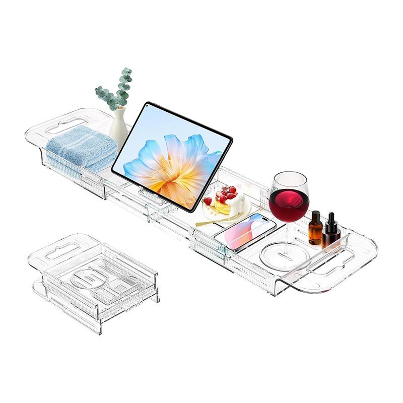 Bath Caddy Tray - ถาดวางของในอ่างอาบน้ำแบบขยายได้ AEE2, ถาดอเนกประสงค์อะคริลิกสำหรับอ่างอาบน้ำ, โต๊ะวางของในห้องน้ำ, โต๊ะอ่างอาบน้ำแบบเรียบง่าย