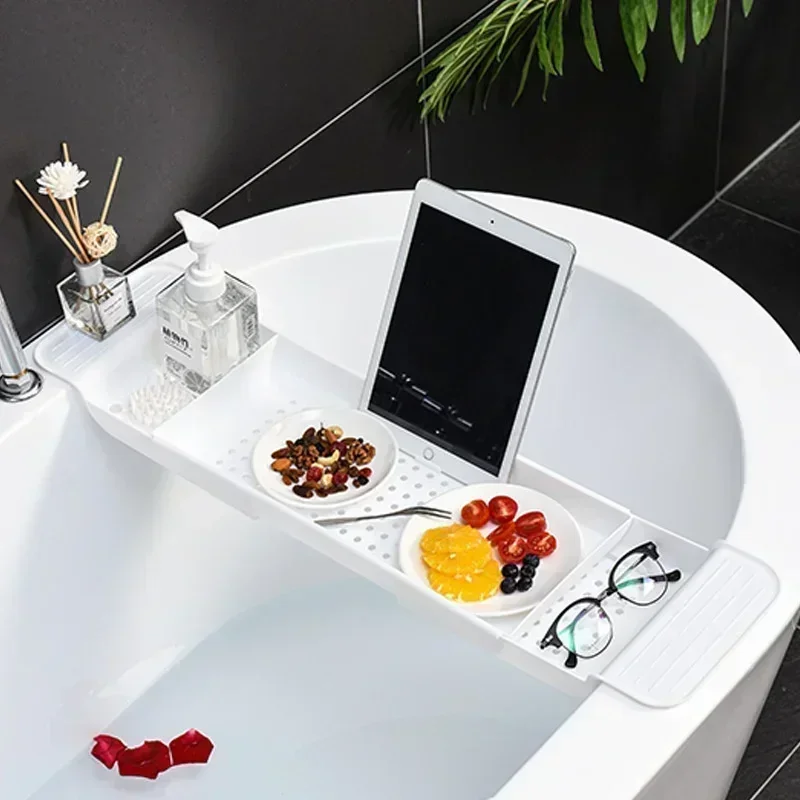 Bath Caddy Tray - ชั้นวางอุปกรณ์ในห้องน้ำแบบพกพา ชั้นวางอ่างอาบน้ำแบบยืดหดได้ ถาดวางอ่างอาบน้ำ ชั้นวางของในห้องอาบน้ำ ชั้นวางอ่างอาบน้ำไม้ไผ่ ที่แขวนผ้าเช็ดตัว