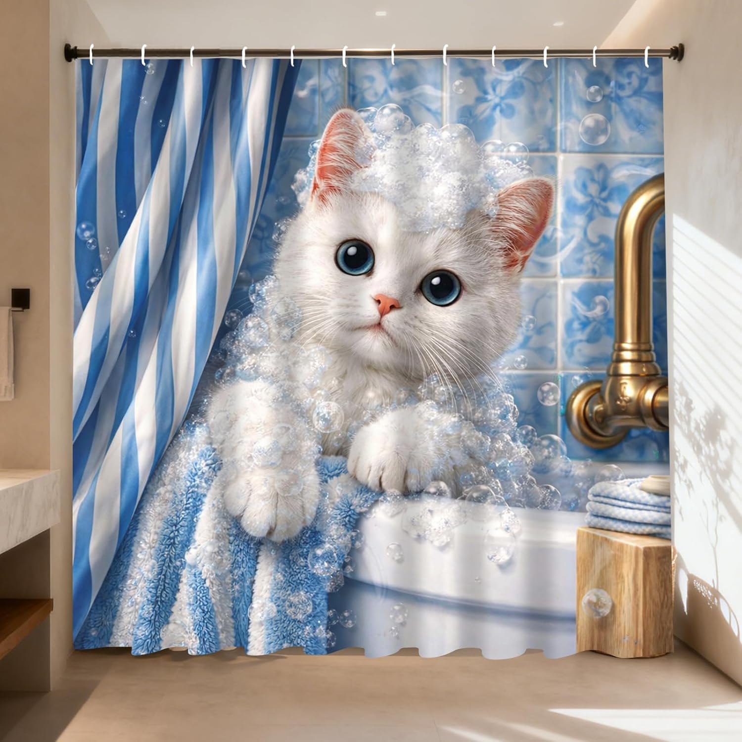 Adorable Home Bathroom Ideas - ม่านอาบน้ำลายลูกแมวน่ารัก ลายทางสีน้ำเงิน กันน้ำ ตกแต่งห้องน้ำ ทำจากโพลีเอสเตอร์ ของตกแต่งบ้าน
