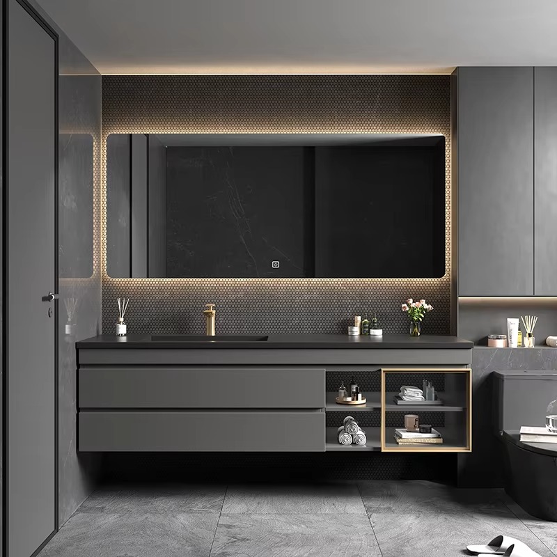 Home Bathroom Vanity Combo - ตู้ห้องน้ำพร้อมกระจกสไตล์นอร์ดิกคลาสสิก สีดำ เฟอร์นิเจอร์ห้องน้ำ ตู้เก็บของห้องน้ำ ตู้ห้องสุขา