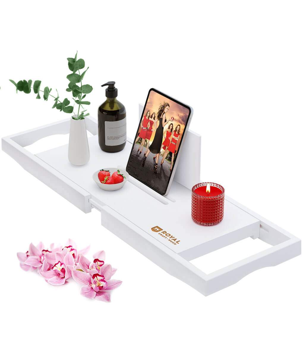 Bath Caddy Tray - ถาดวางอ่างอาบน้ำไม้ไผ่แบบขยายได้สุดหรู พร้อมช่องวางแก้วไวน์ ที่วางแท็บเล็ตและโทรศัพท์ อุปกรณ์ตกแต่งห้องน้ำไม้