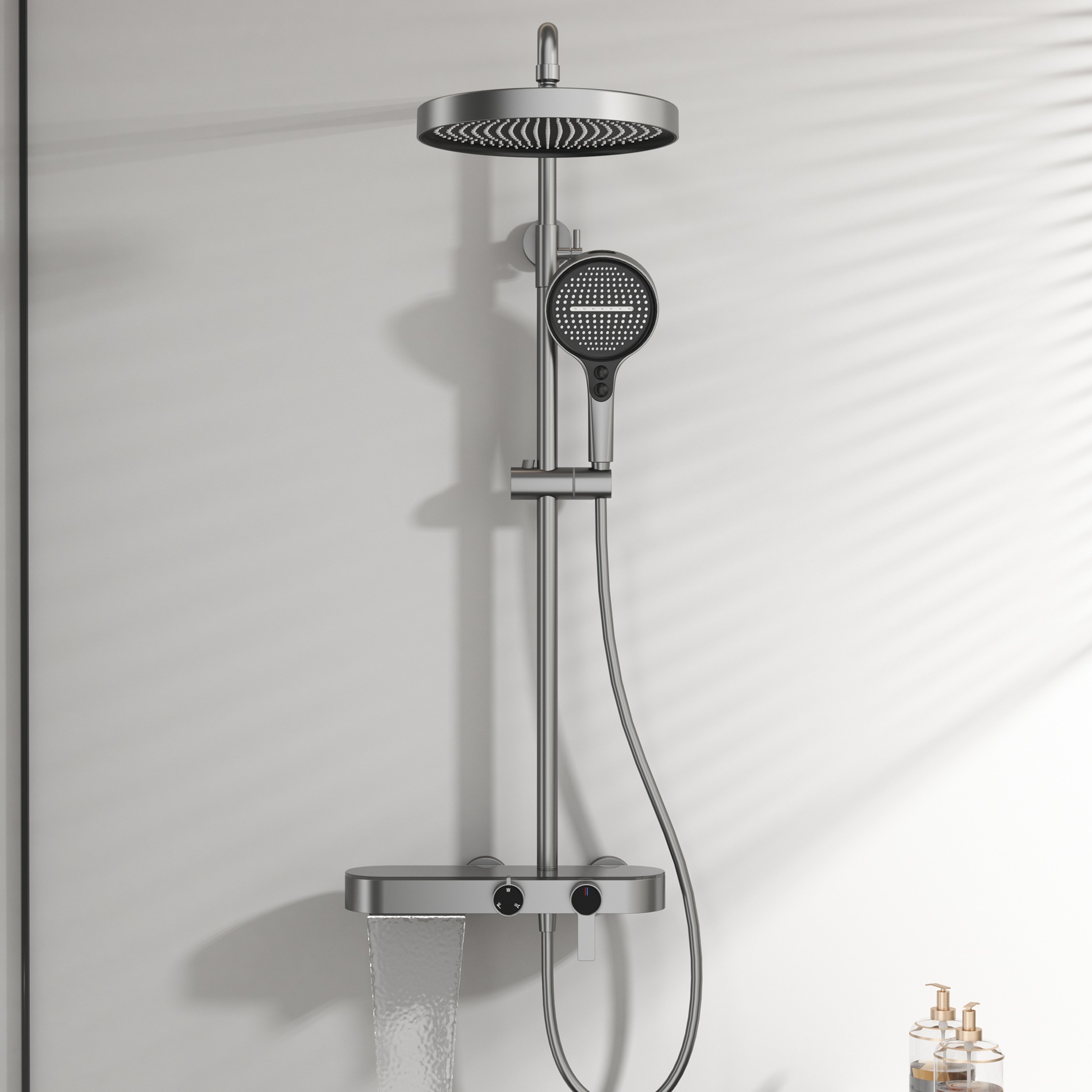 Home Bathroom Shower - ชุดฝักบัวสีเทากันเมทัลสำหรับใช้ในบ้าน, หัวฝักบัวเพิ่มแรงดันน้ำ, แบบน้ำตก, แบบครีมมี่