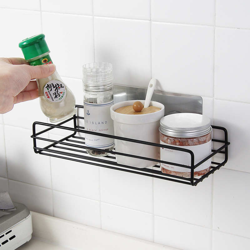 Bath Caddy Tray - ชั้นเก็บของในห้องน้ำชั้นวางของในครัวโครงเหล็กยึดแบบเจาะฟรีโครงเหล็กยึดชั้นวางของสีดำ