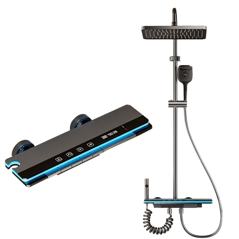 Home Bathroom Shower - ชุดฝักบัวทองแดงแท้สำหรับใช้ในบ้าน หัวฉีดพ่นน้ำอุณหภูมิคงที่ ก๊อกน้ำห้องน้ำพร้อมหน้าจอดิจิตอลและหัวฉีดสีเทา